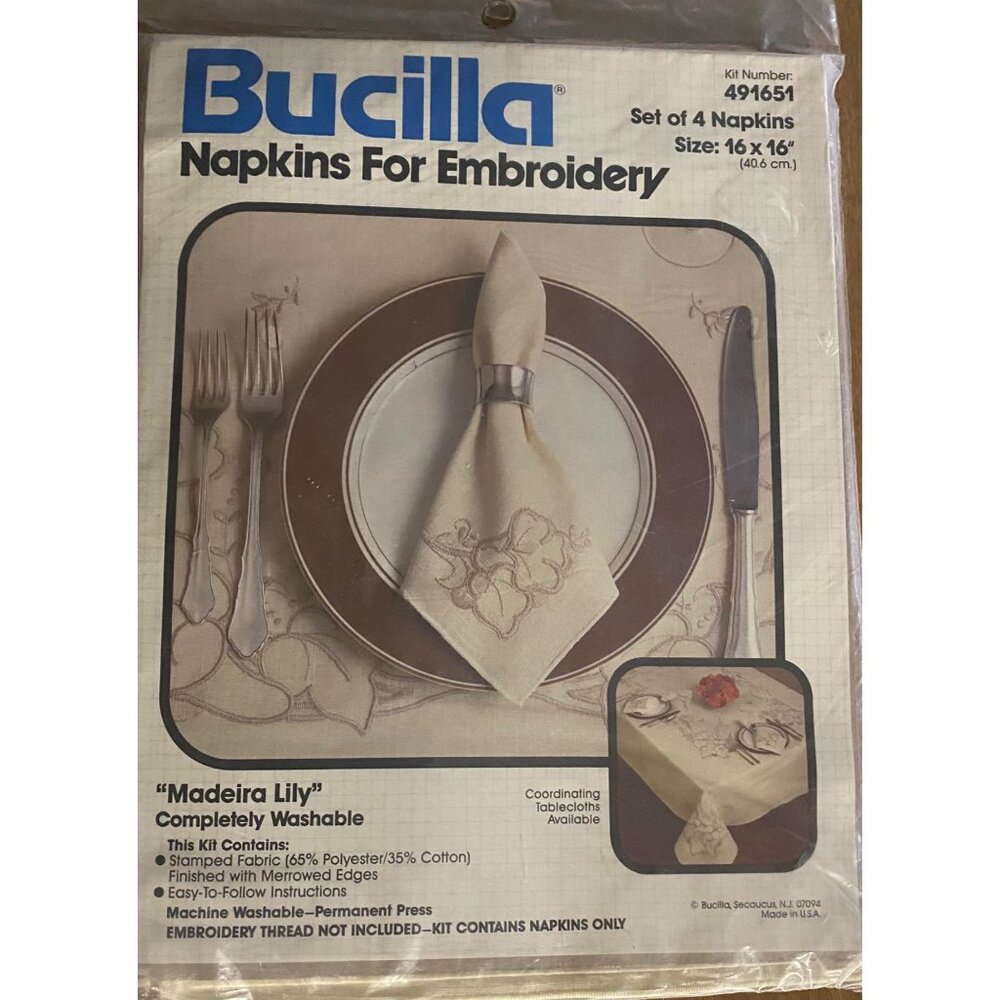 NEW Old Stock BUCILLA Madeira Lily Set of 4  Napkins 16"X 16" Embroidery 491651